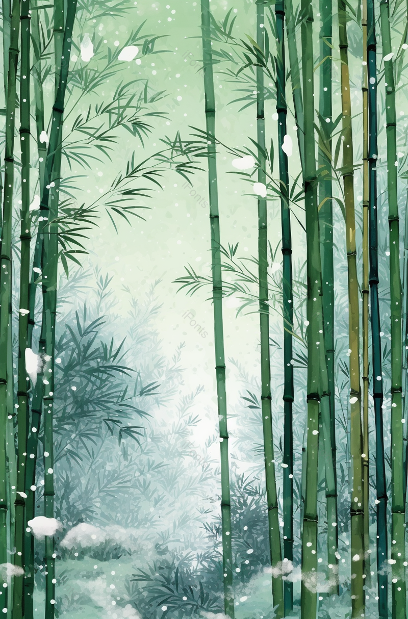 传统中式雪花覆盖风景画竹子竹林,插画/手绘图,插画/手绘图库,插画/手绘图下载,插画/手绘